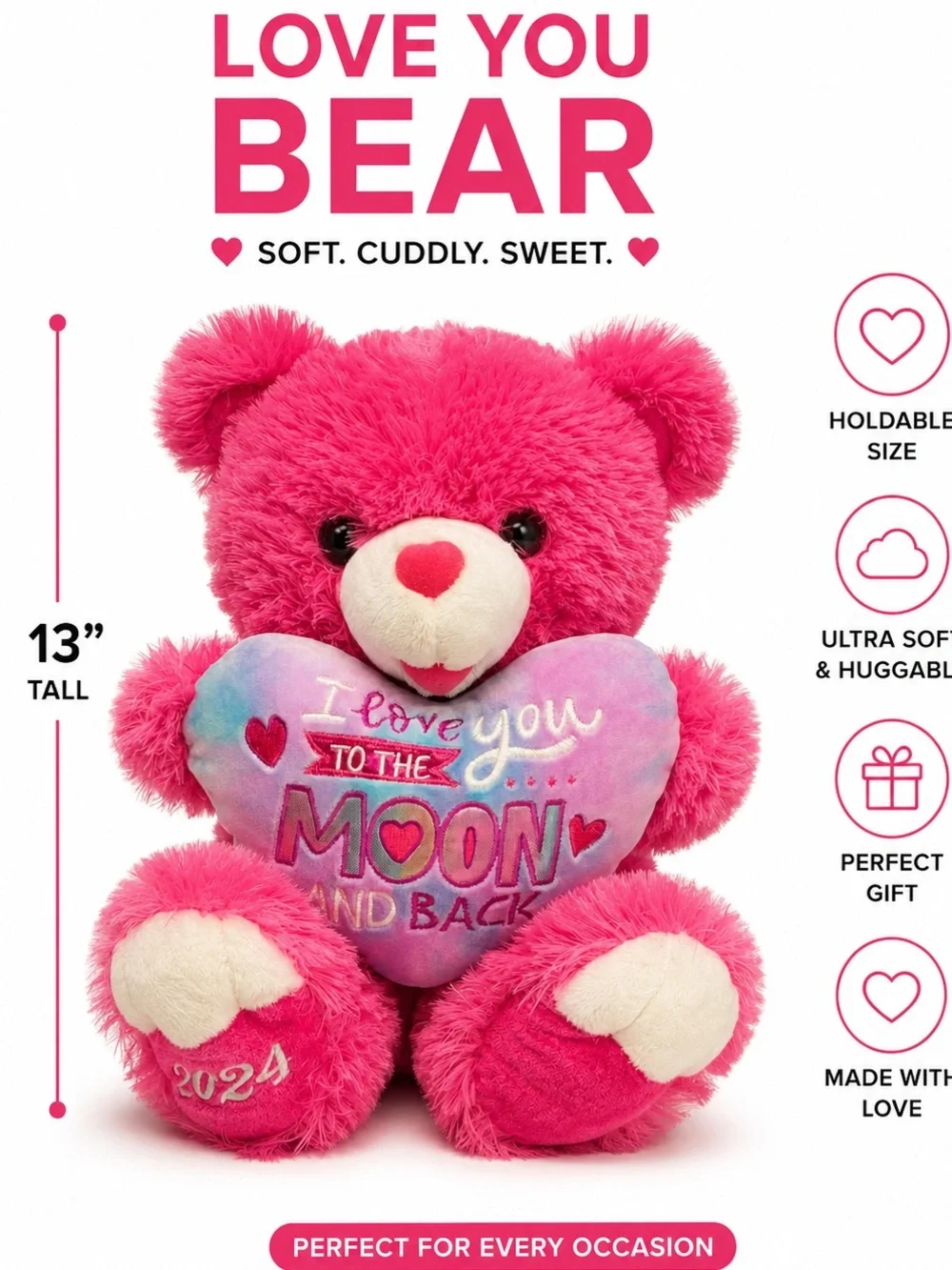 Plush Pink Teddy Bear Holding Heart Pillow – I Love You